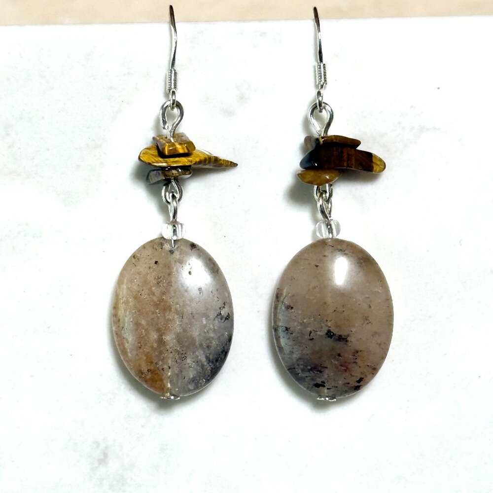 2/$20, Earthy Rutilated Quartz Drop Earrings, Sterling Silver Hooks + Gemstone